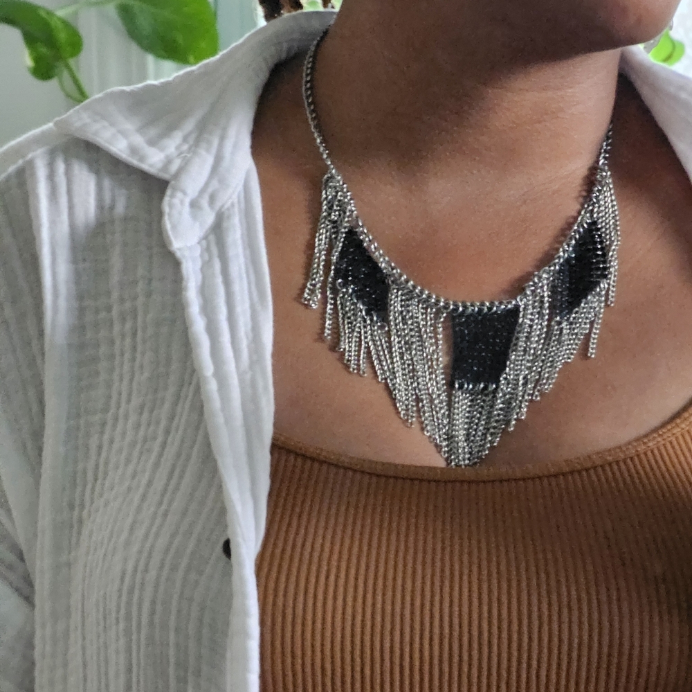 Silver and black beaded chain mail bib necklace